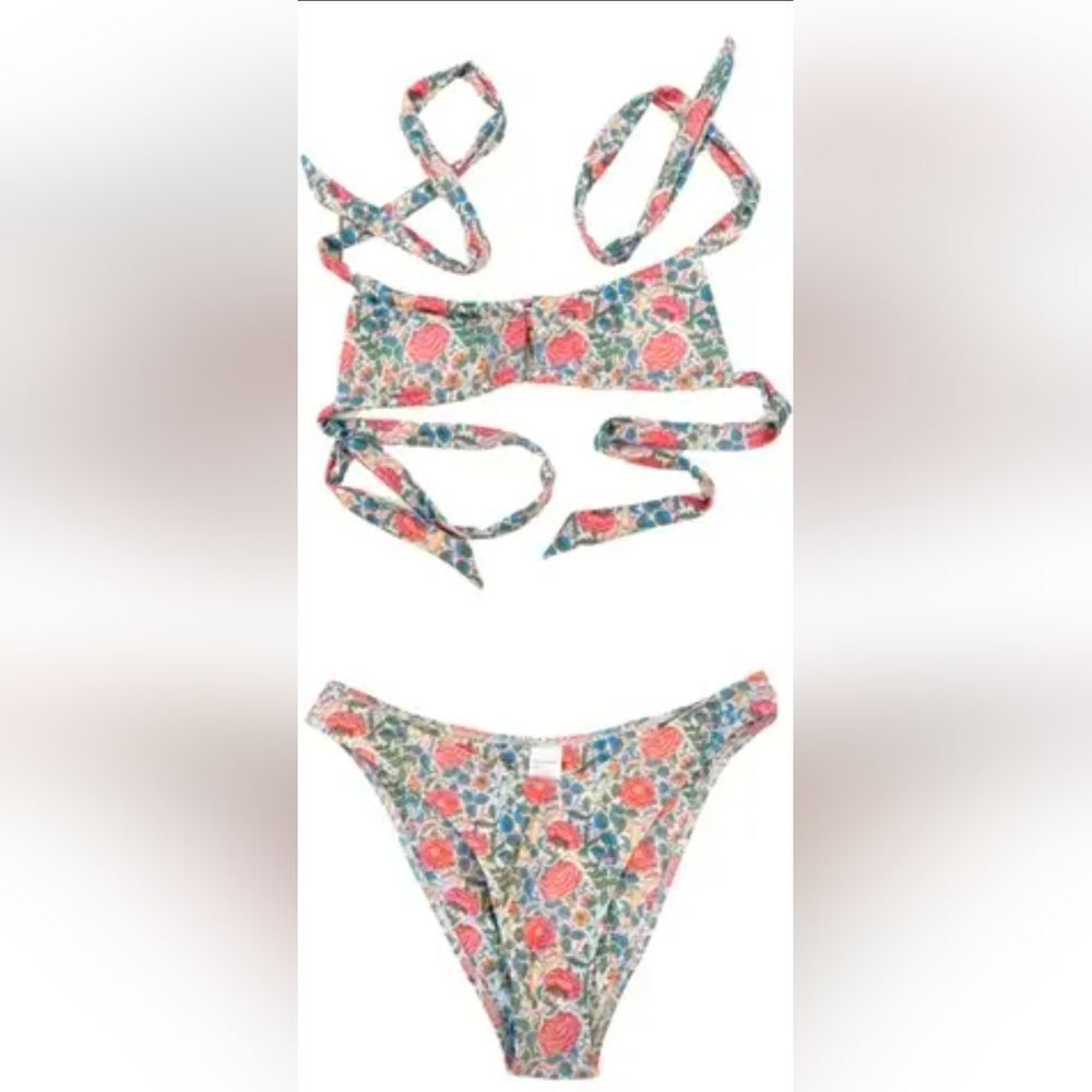 Strawberry Milk Mob Floral Tie Bikini in Pink, Green, Blue